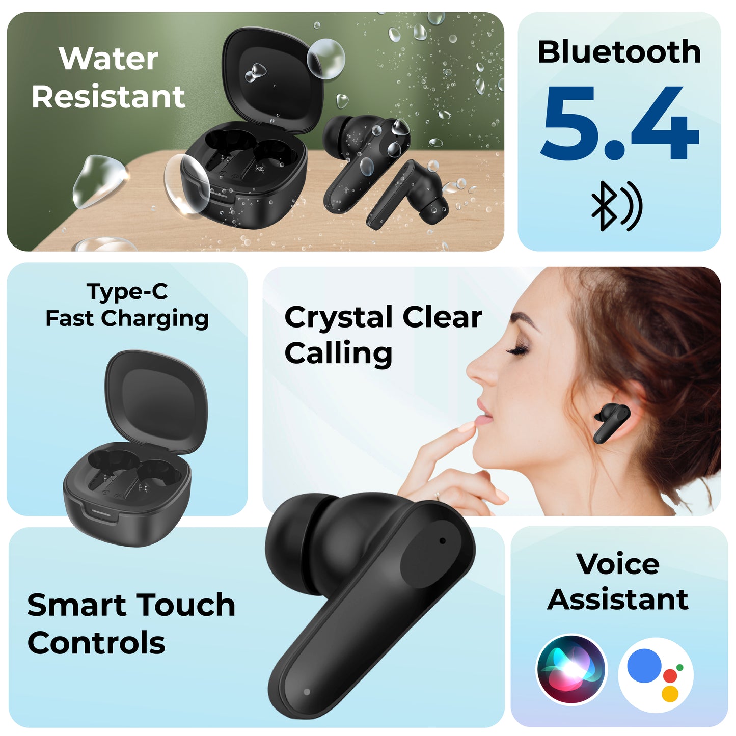 TYOON TWS103 Air Flip True Wireless Earbuds, Up to 20 Hours Playtime, Bluetooth 5.4, Front Open Design, Touch Controls, Type-C Charging – White
