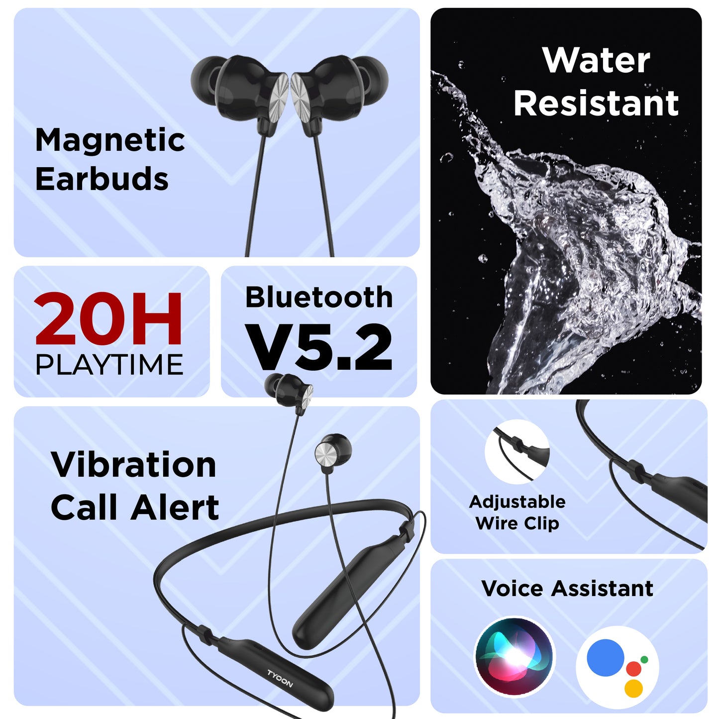 TYOON NB303 Bluetooth Neckband Earphones, Up to 20 Hours Playtime, Bluetooth 5.4, Vibration Call Alert, Magnetic Earpiece, Adjustable Wire Clips – Black