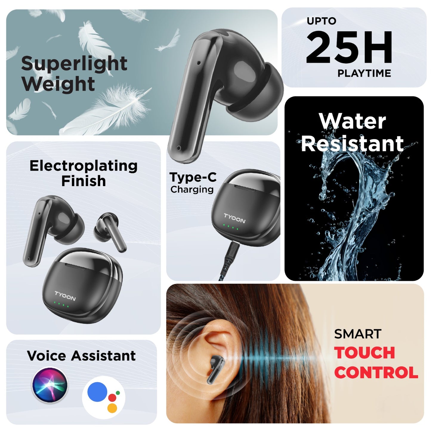 TYOON TWS 102 True Wireless Earbuds – 25H Playtime, Deep Bass, Smart Touch Controls, Voice Assistant Support, Bluetooth Earphones with Charging Case.