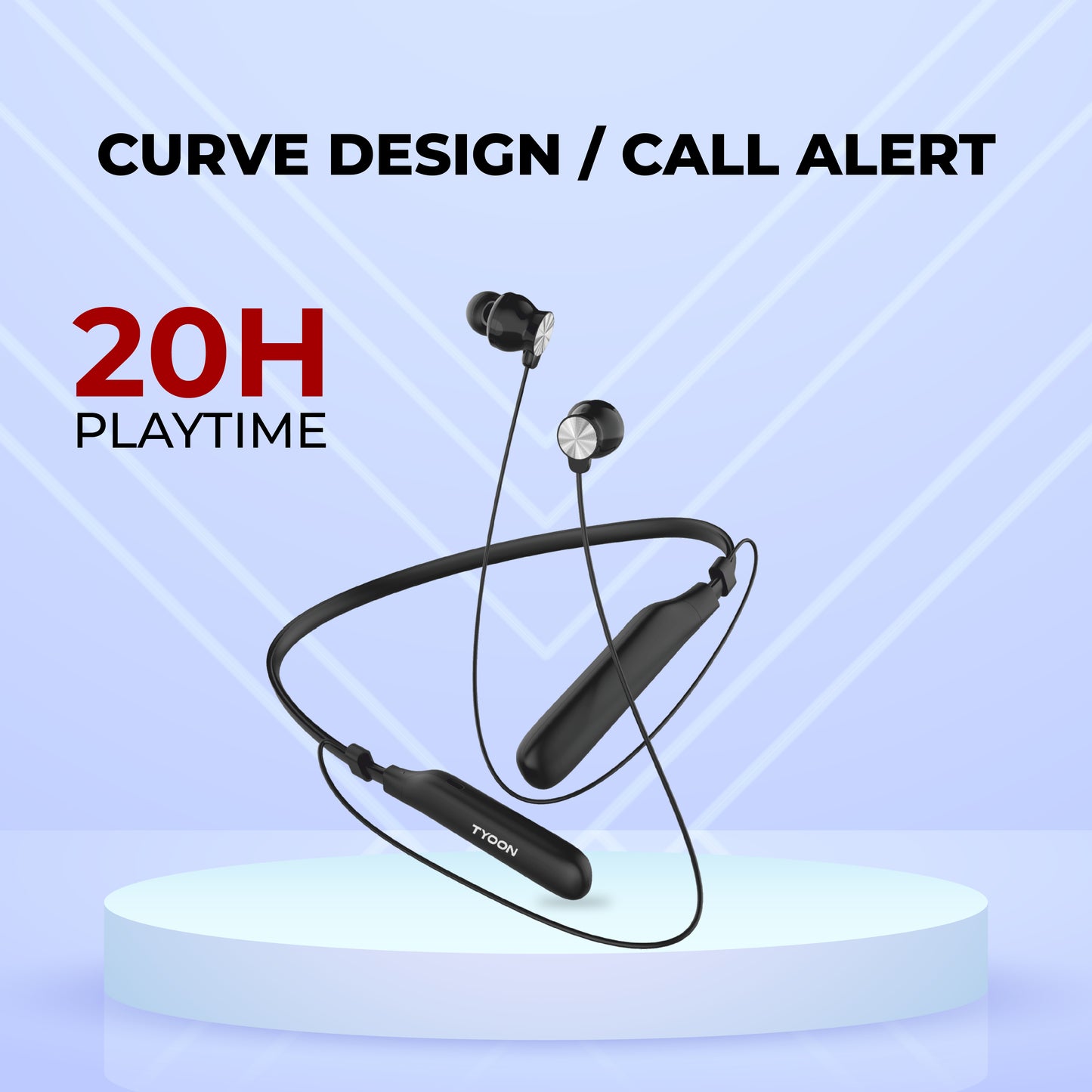 TYOON NB303 Bluetooth Neckband Earphones, Up to 20 Hours Playtime, Bluetooth 5.4, Vibration Call Alert, Magnetic Earpiece, Adjustable Wire Clips – Black