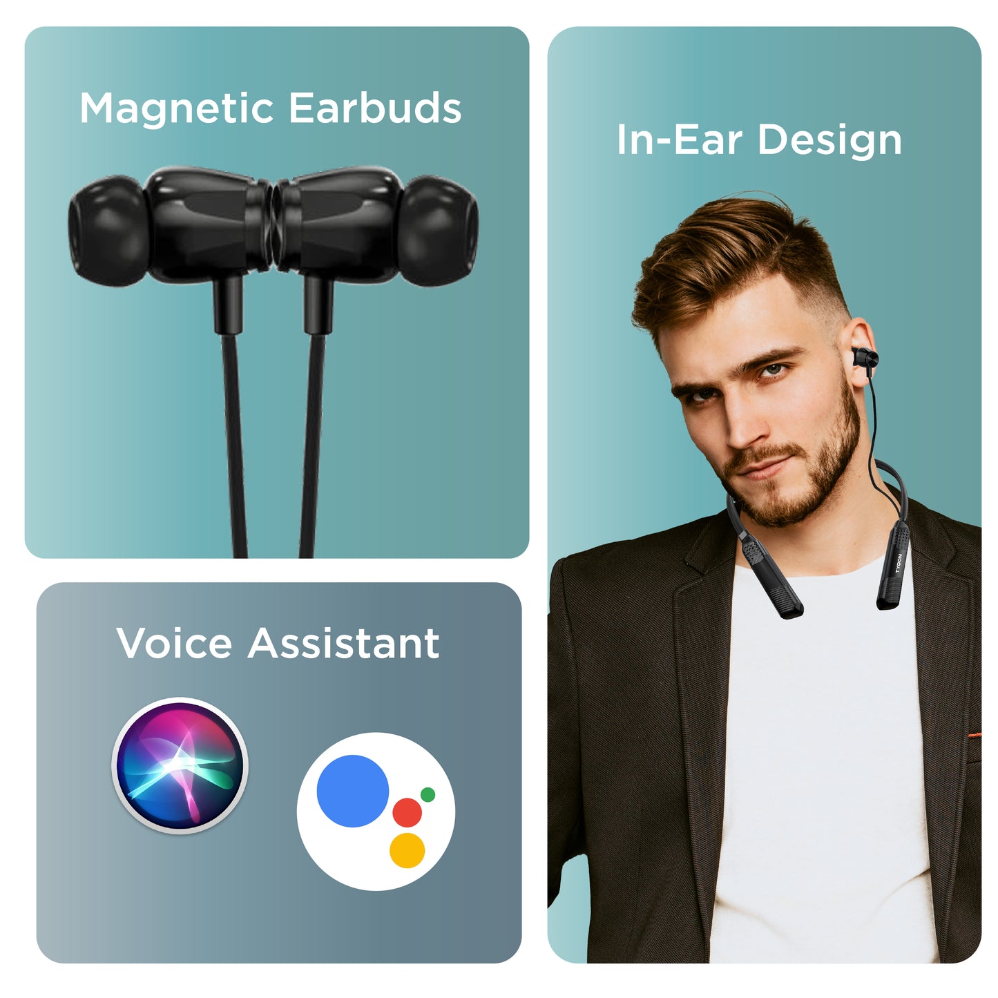 TYOON 301 Wireless Neckband | 12H Playtime, Type-C Fast Charging, Adjustable Wire Clips, Magnetic Earpieces, Voice Assistant Support.