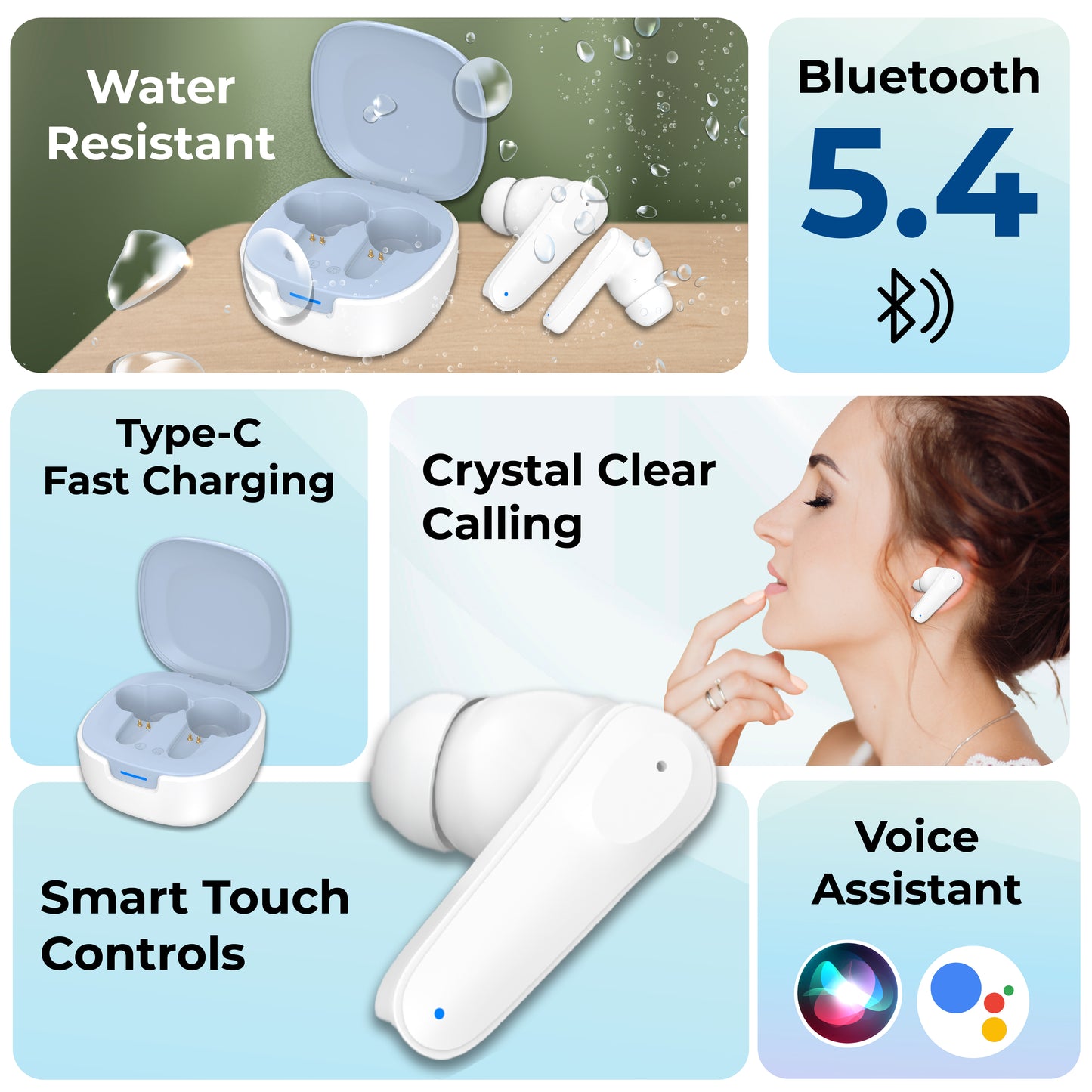 TYOON TWS103 Air Flip True Wireless Earbuds, Up to 20 Hours Playtime, Bluetooth 5.4, Front Open  Design, Touch Controls, Type-C Charging – White